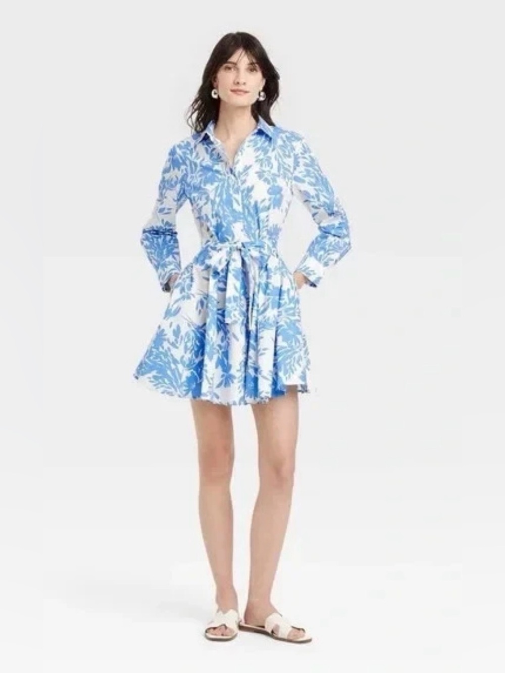 a new day White Dress with Blue Floral Print - Long Sleeve Shirt Dress